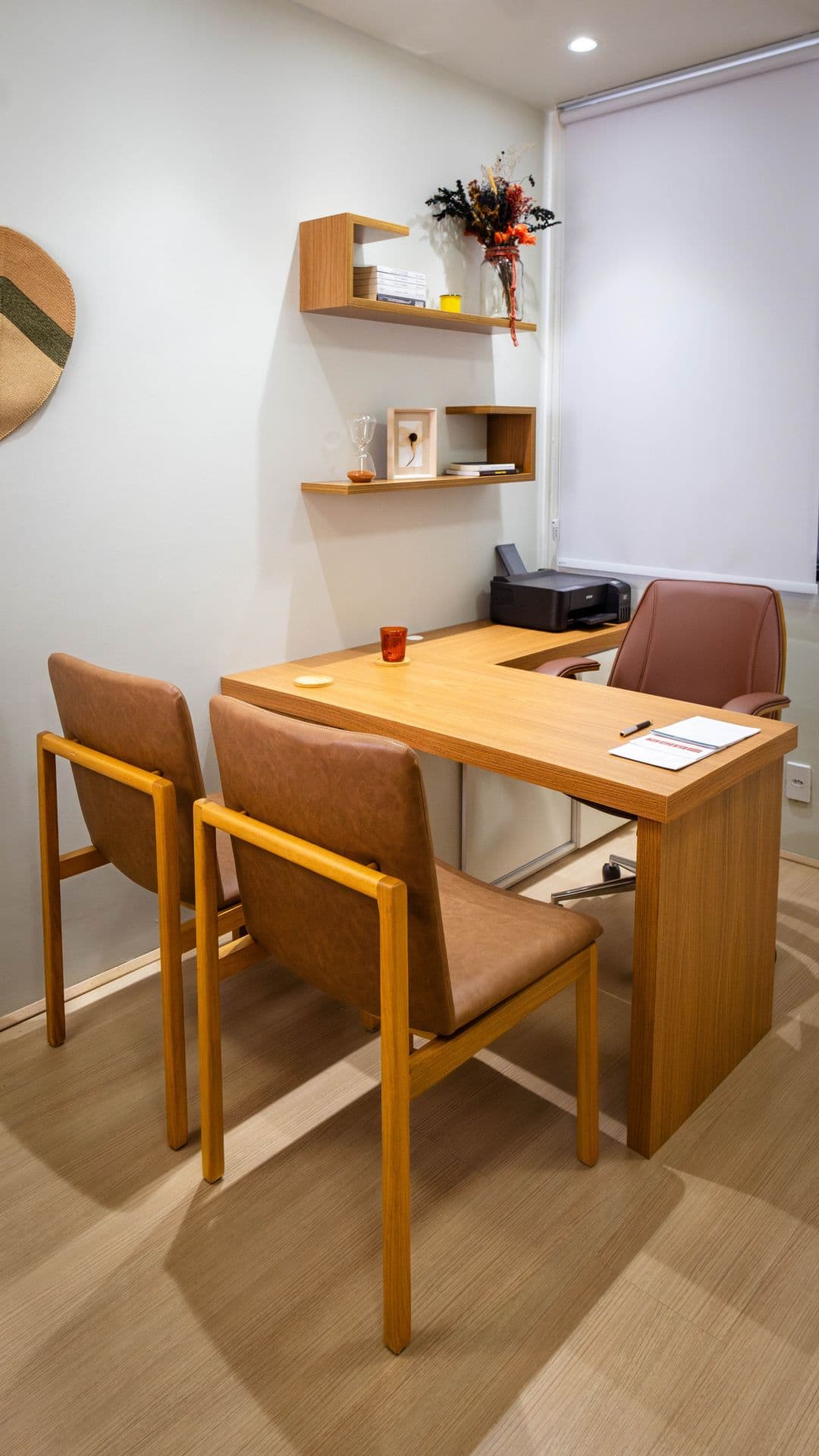 Sala de atendimento da clínica Memo, com mesa de madeira e poltronas